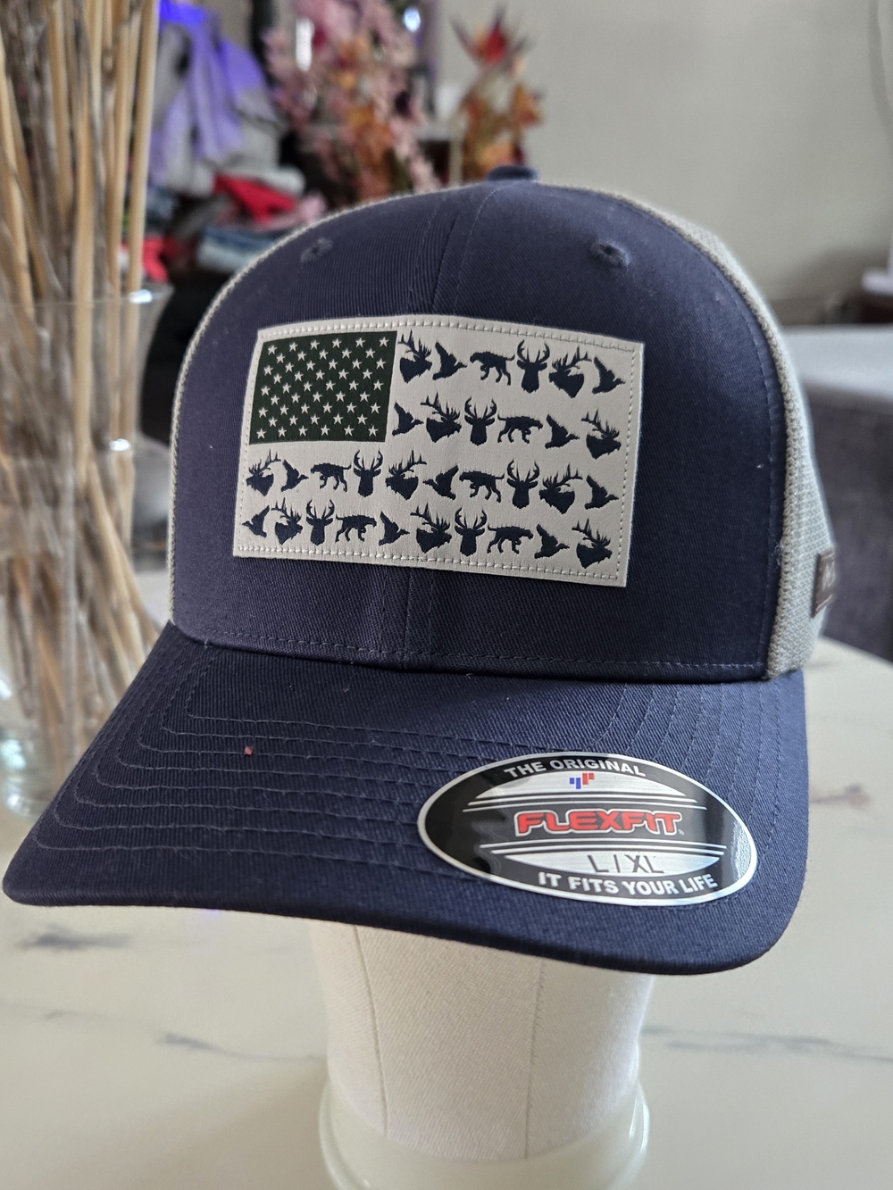 Columbia Navy and Gray Trucker Hat with American Flag Patch